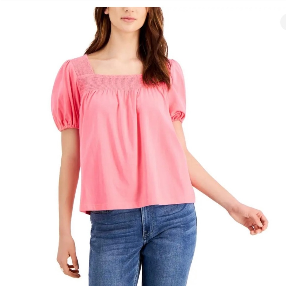 Tommy Hilfiger Womens Smocked Puff Sleeve Blouse Pullover Top Shirt Medium